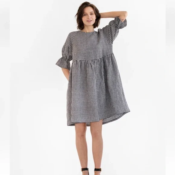 Magic Linen Voluminous Linen Ruffle Sleeve Babydoll Dress Black White Gingham - Picture 2 of 14